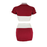 Casual Wine Red Stitching Zipper Two Piece Skirt Set