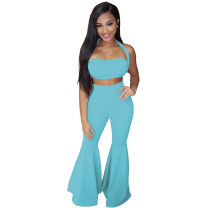 Solid Color Halter Two Piece Top and Wide Leg Trouser