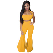 Solid Color Halter Two Piece Top and Wide Leg Trouser