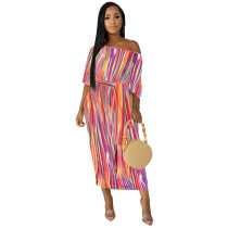 Skew Neck Stripe Print Casual Dress