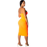 Bodycon Strapless Split Plain Mid Waist Orange Dress