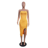 Bodycon Strapless Split Plain Mid Waist Orange Dress