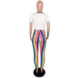Rainbow Print Short Sleeve Top Colorful Stripe Pants Two Piece Set