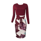 Women Printed Patchwork Belted Midi Work Office Party Pencil Dress