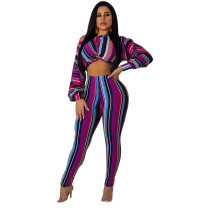 Striped Print Long Sleeve Off Shoulder Crop Top Tights Two Piece Set