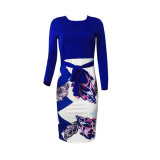 Women Printed Patchwork Belted Midi Work Office Party Pencil Dress