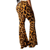 Casual Leopard Trumpet Trousers with Wide Leg