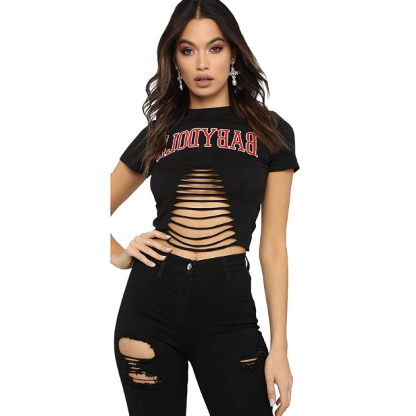 Casual Burning Flower Cutout Letters Tops