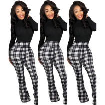 Plaid Pattern High Waisted Bell Bottom Flare Vintage Casual Long Pants