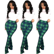 Plaid Pattern High Waisted Bell Bottom Flare Vintage Casual Long Pants