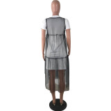 Letter Print Net Yarn Splicing Midi Dress