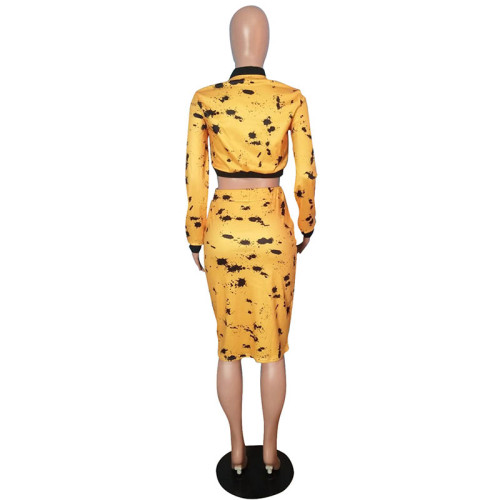 Ink Print Zipper Two Piece Bodycon Long Sleeve Casual Party Midi Dress