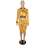 Ink Print Zipper Two Piece Bodycon Long Sleeve Casual Party Midi Dress