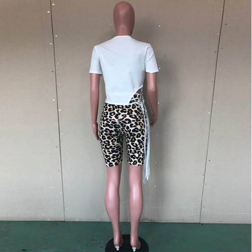 Irregular Fringed Top Leopard-Print Shorts Set