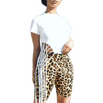 Irregular Fringed Top Leopard-Print Shorts Set
