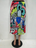 Casual Cartoon Print Pleated Skirt Without Belt