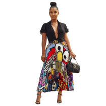 Casual Cartoon Print Pleated Skirt Without Belt