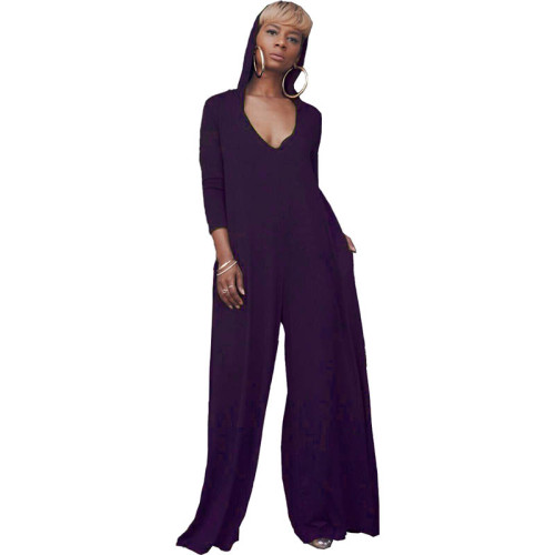 Casual Solid Color V Neck Hoody Jumpsuit