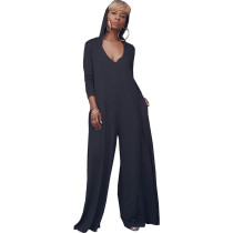Casual Solid Color V Neck Hoody Jumpsuit