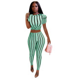 Casual Print Striped Two Piece Set