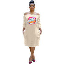 Casual Texture Lips Off Shoulder Midi Dress