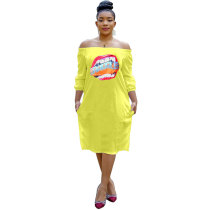 Casual Texture Lips Off Shoulder Midi Dress