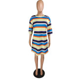Casual Rainbow Stripe Stitching Printed Dress