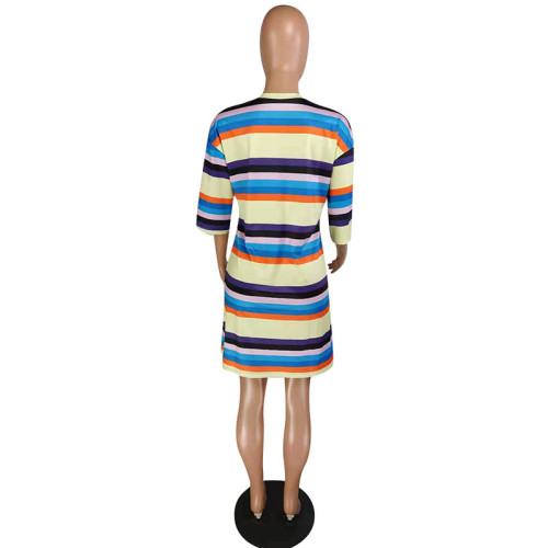 Casual Rainbow Stripe Stitching Printed Dress