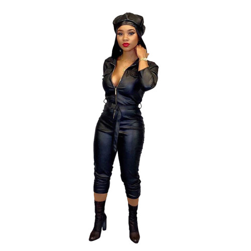 PU Leather Zip Tight Jumpsuit with Belt