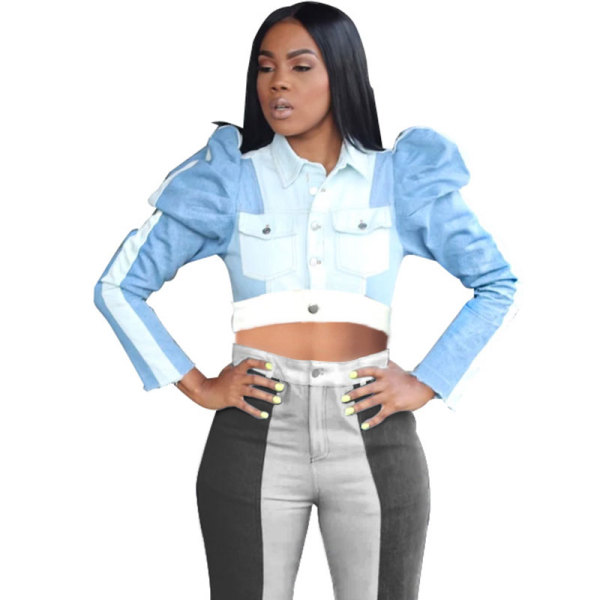 Casual Stitching Contrast Puff Sleeve Denim Top