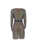 Sequined Long Sleeves Club Dress with Belt