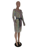 Sequined Long Sleeves Club Dress with Belt