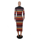 Casual Striped Print Mid Dress