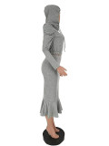 Solid Color Hooded Lantern Sleeve Top and Fishtail Skirt	