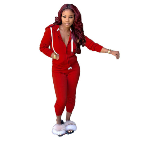 Solid Color Sport Hooded Two Piece Set