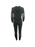 Casual Leopard Stitching Hooded Sports Two Piece Set