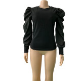 Solid Color Stitching Puff Sleeve Top