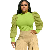 Solid Color Stitching Puff Sleeve Top