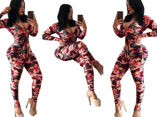 Casual Print V-neck Camouflage Jumpsuit