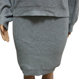 Solid Color High Neck Embroidery Sweater Skirt Set