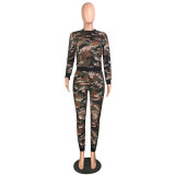 Casual Camouflage Burning Flower Two-piece Set