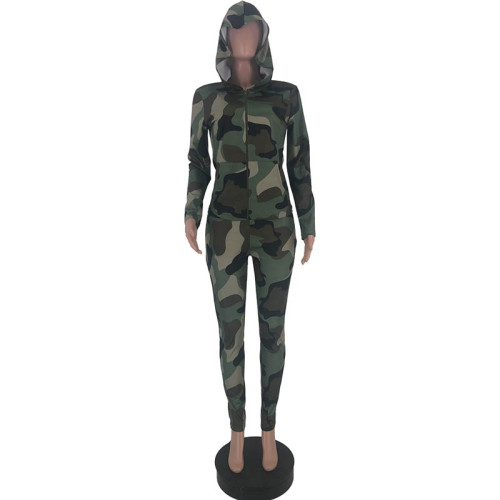 Camouflage Hooded Zipper Pocket Two Piece Set