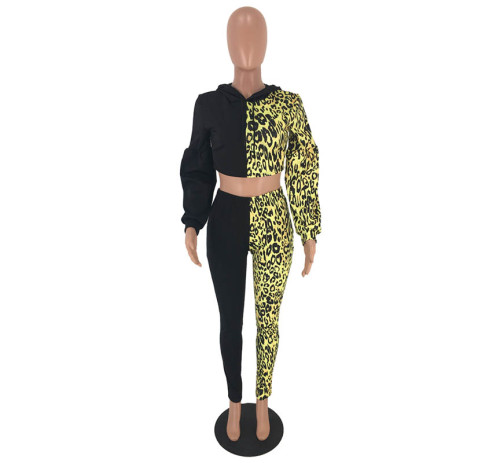 Casual Lantern Sleeve Leopard Stitching Print Two Piece Outfits