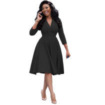 Solid Color Deep V Pleated Midi Dress