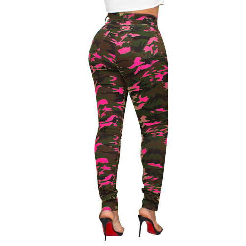 Casual Hole Burnt Flower Camouflage Sports Trousers