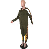 Casual Leopard Print Stitching Hooded Zipper Sportswear