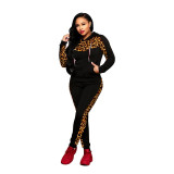 Casual Leopard Stitching Hooded Two Piece Set
