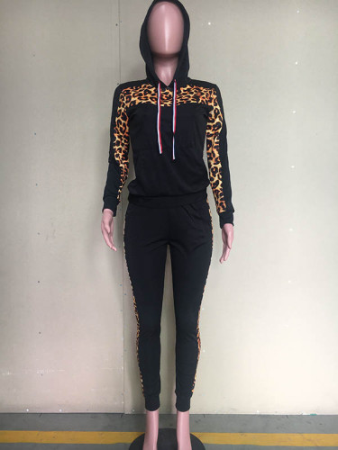 Casual Leopard Stitching Hooded Two Piece Set