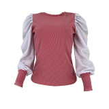 Casual Solid Color Stitching Puff Sleeve Top