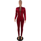 Solid Color Zip Knitting Jumpsuit